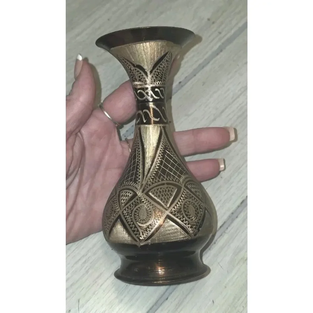 Vintage Copper Vase Hand Etched Engraved 6